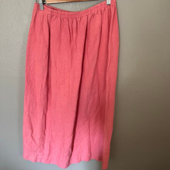 100% LINEN Coral Long Skirt High Rise Size Large Casual split skirt front - Picture 5 of 5